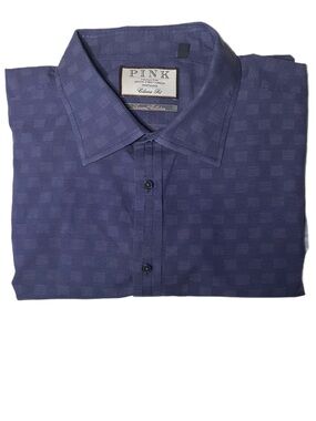 Thomas Pink Men's Dress Shirt Blue Herringbone Check Size 19-37 1/2